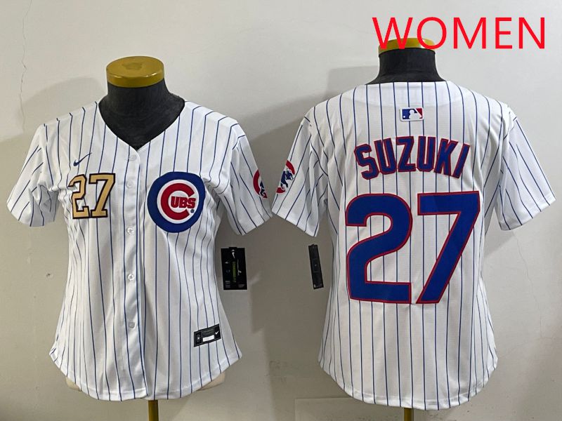 Women 2025 Chicago Cubs #27 Suzuki White Stripe Game Nike MLB Jersey style 4